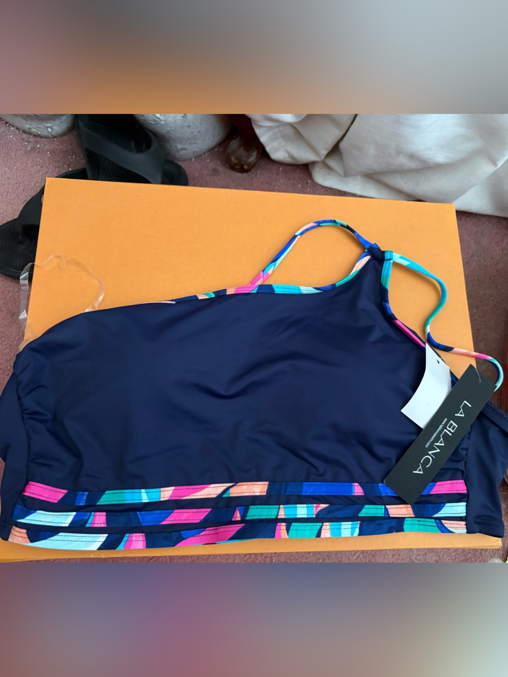 La Blanca Navy Bikini Top with Multicolor Striped Trim